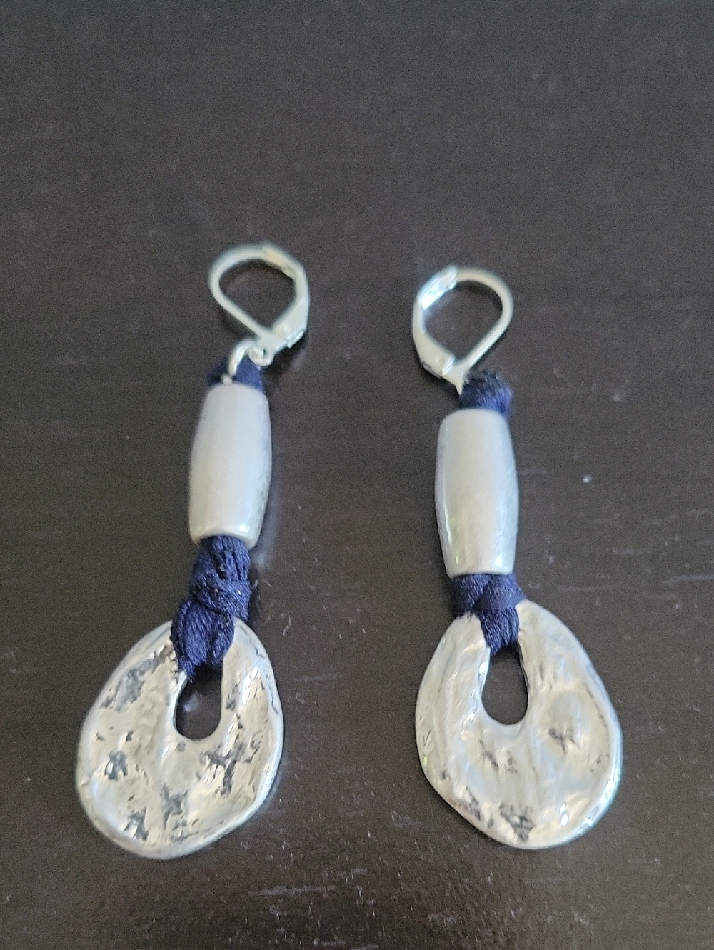 Silver Metal and Navy Cord Drop Earrings - Women Accessories